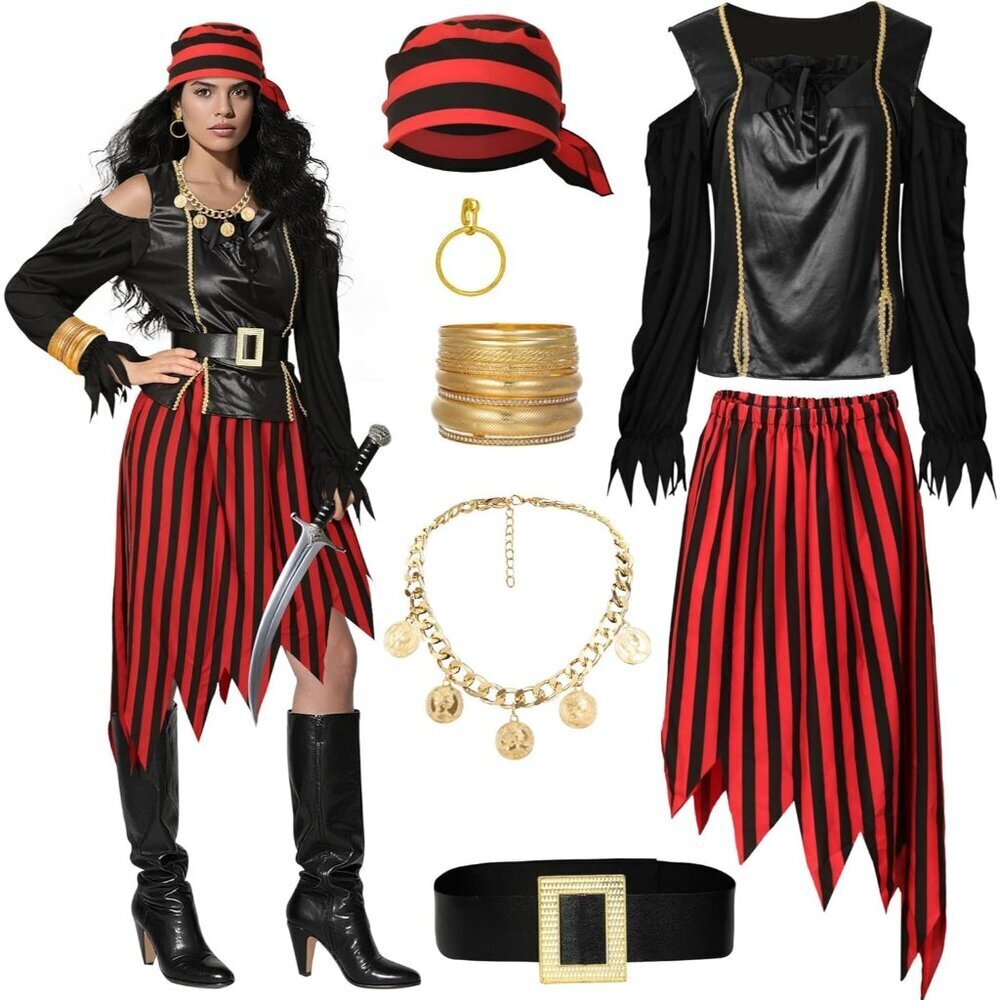 Women Pirate Costume Set Renaissance Top Skirt Accessories for Halloween - Picture 1 of 6